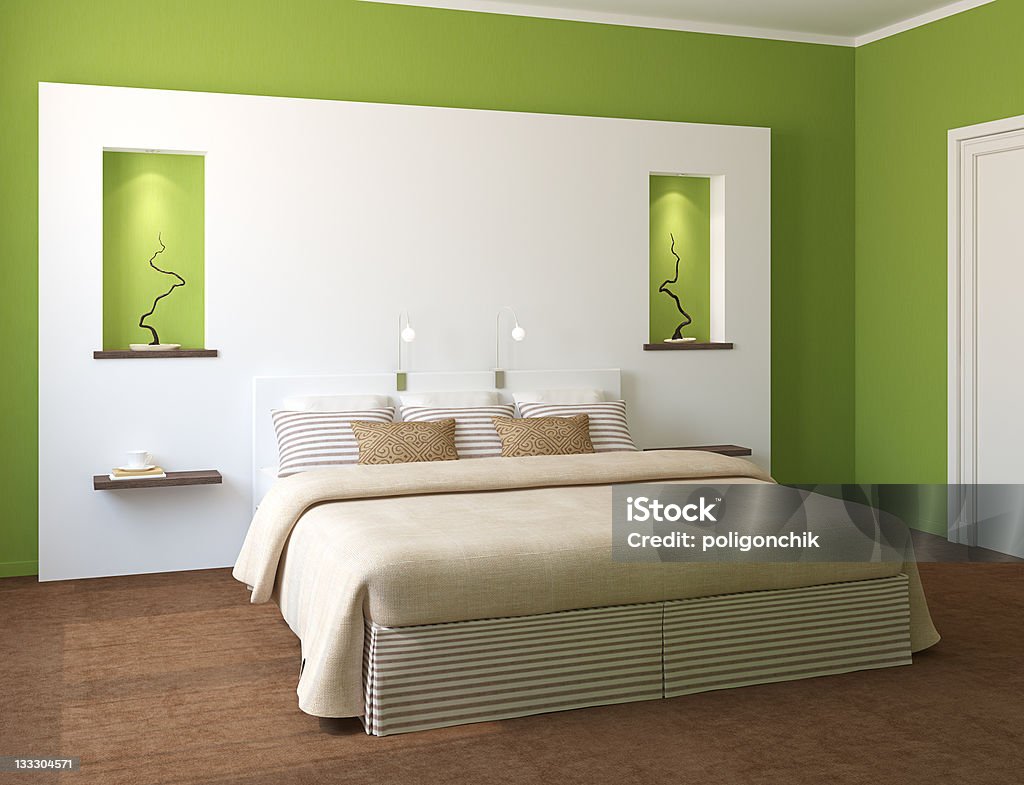 Modern bedroom interior. Modern bedroom interior with green walls and king-size bed. 3d render. Apartment Stock Photo