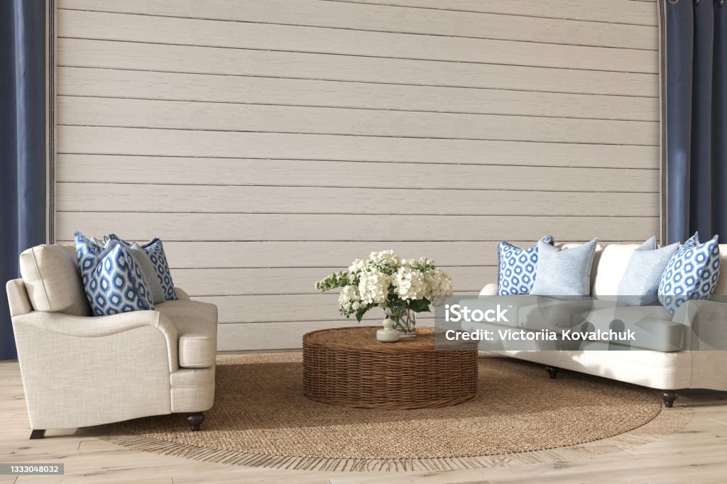 Coastal design living room. Mock up white wall in cozy home interior background. Hampton style 3d render illustration. The Hamptons Stock Photo