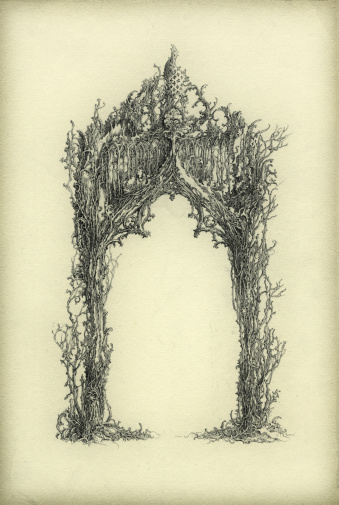 A fantasy arch, ornate with gothic elements and floral design. Ink on paper.