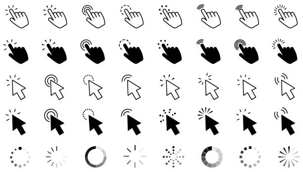 Web Pointer click icon. Clicking cursor, pointing hand clicks and waiting loading icons. Website arrows or hands cursors tools, computer interface button. Vector isolated symbols collection mouse stock illustrations