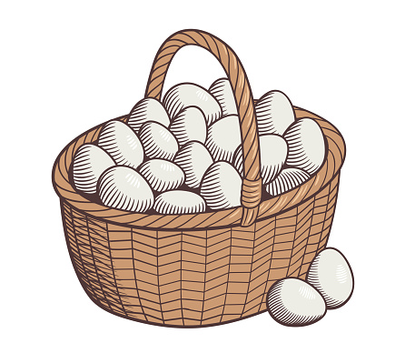 Big wicker basket of chicken eggs. Colored retro style vector illustration. Isolated on white background