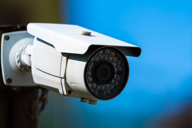 Close-up outdoor security camera. stock photo