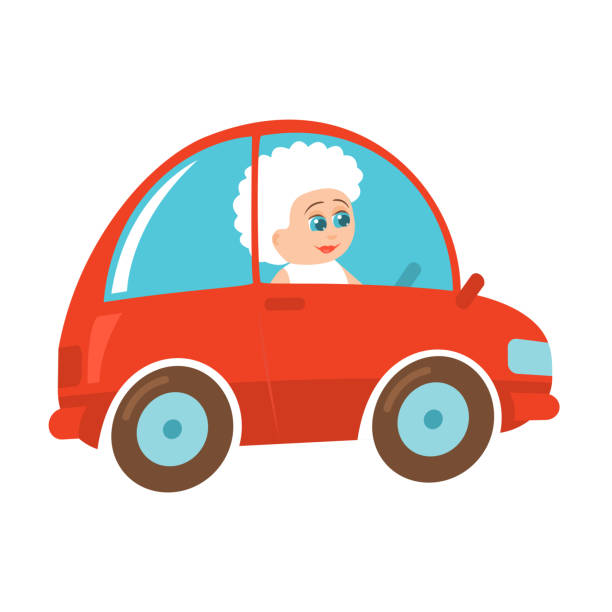 Elderly Woman Is Riding In A Red Car Stock Illustration - Download Image  Now - Car, Red, Cartoon - iStock