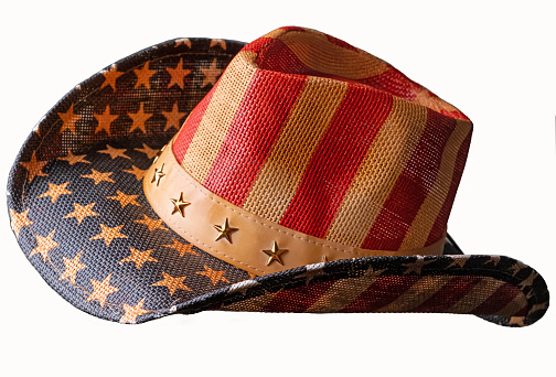 Cowboy hat with US flag colors and bars on white background