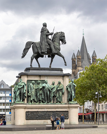 Cologne, Germany - Aug 8th 2021: Equestrian statue of German King Friedrich Wilhelm III is standing on Heumarkt -square in Cologne old town.