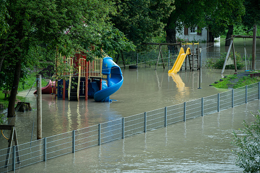 Austria, Hochburg-Ach, Flooded playground in Upper Austria. The Salzach River overflowed its banks on July 18, 2021, flooding parts of the community of Ach in Upper Austria.