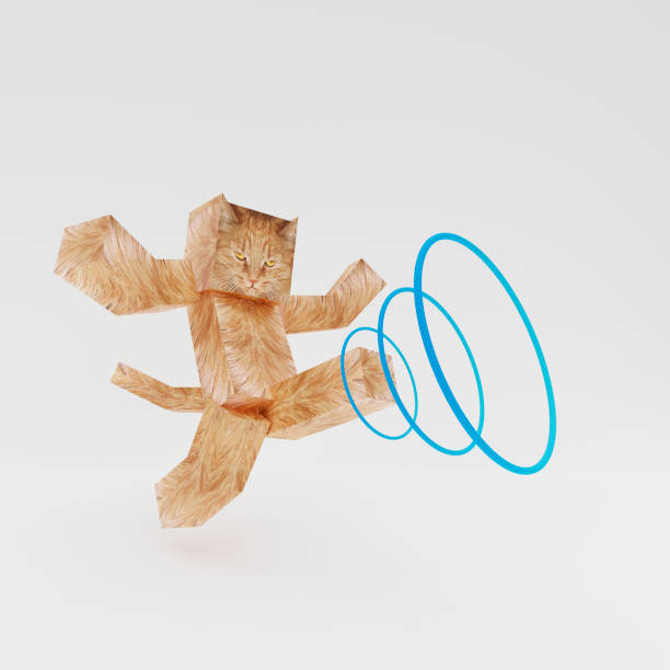 Isolated cute low poly figure of cat on white background. Ninja kicks. 3d rendering. Trend illustration. Cartoon character made up of cubes.