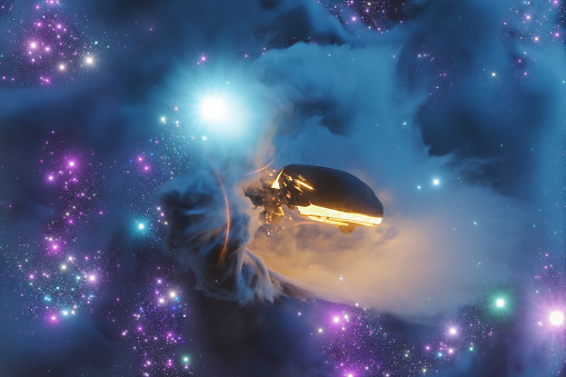 Futuristic space ship coming out of wormhole tunnel, 3D generated image.