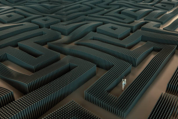 Young woman walking in gigantic maze, 3D generated image.