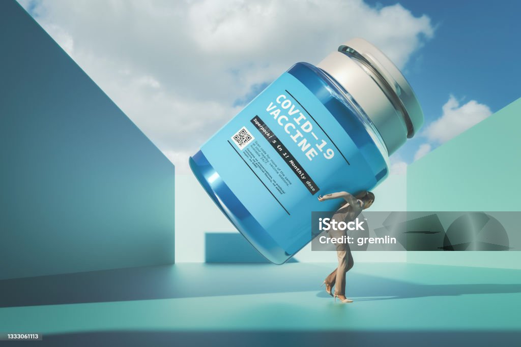 Woman carrying gigantic vaccine bottle Woman carrying gigantic vaccine bottle, 3D generated image. Bottle design is my own, generic sticker. QR Code is without a link and means nothing. Medicine Stock Photo