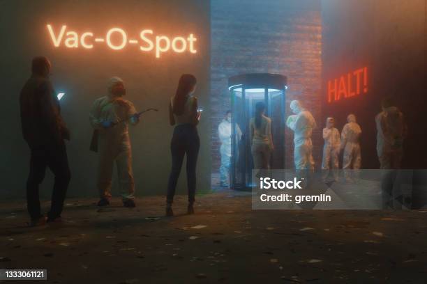 Dystopian Street Checkpoint At Night Stock Photo - Download Image Now - Dystopia - Concept, Spooky, Kiosk