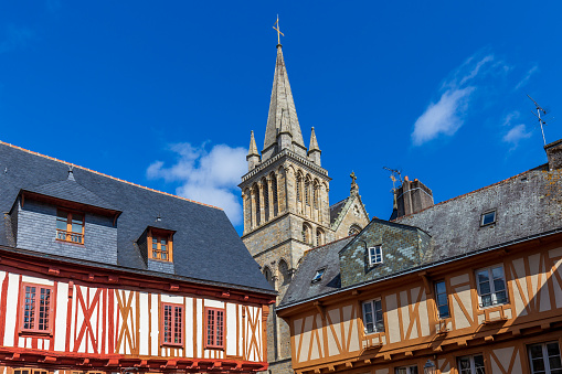 Quimper, France. Views of the two towers of the Gothic Cathedral of Saint Corentin, a Roman Catholic cathedral and national monument of Brittany