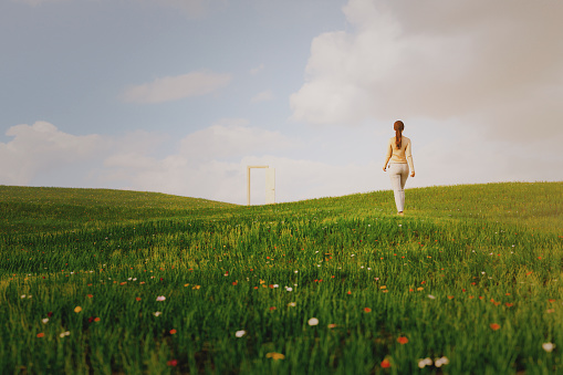 Young woman in the meadow walking towards mysterious portal door, 3D generated image.