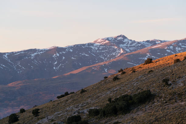 sunset in the Sierra Nevada mountains, on the mountain there is snow, there are trees and bushes, the sky is clear