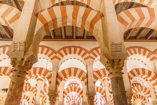 Cordoba, Spain - October 25, 2019: Detail interior view of Mosque-Cathedral of Córdoba (Spanish: Mezquita-Catedral de Córdoba) in Andalusia, which is beautifully designed and decorated with ornaments.