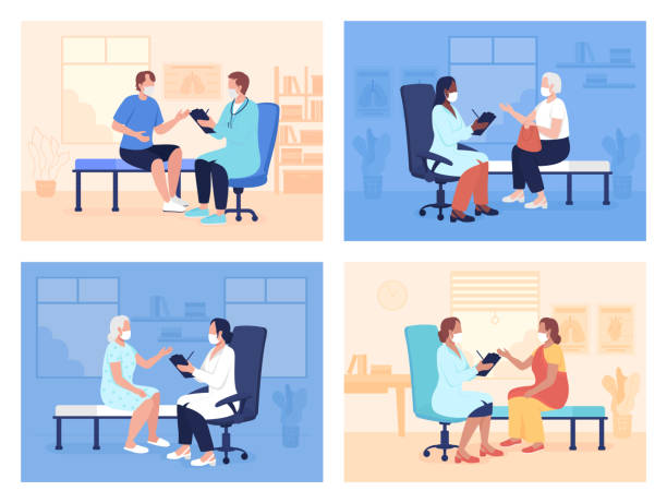 Routine doctor appointment flat color vector illustrations set Routine doctor appointment flat color vector illustrations set. Visiting health center and local hospital. Patient and physician 2D cartoon characters collection with consulting room on background doctor and patient stock illustrations