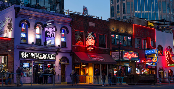 Nashville, Tennessee, USA - April 21, 2021:  Neon signs on Broadway.