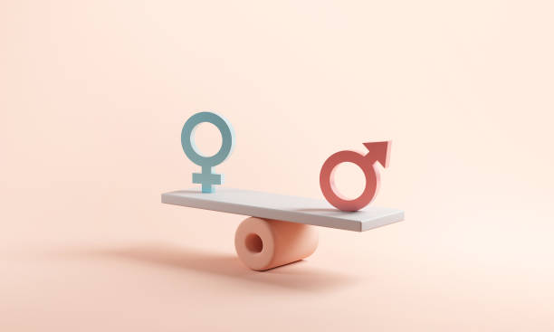 남녀 평등 개념. 파란색 배경에 균형과 비늘에 남성과 여성 기호. 최소한의 스타일. - 성별 기호 뉴스 사진 이미지