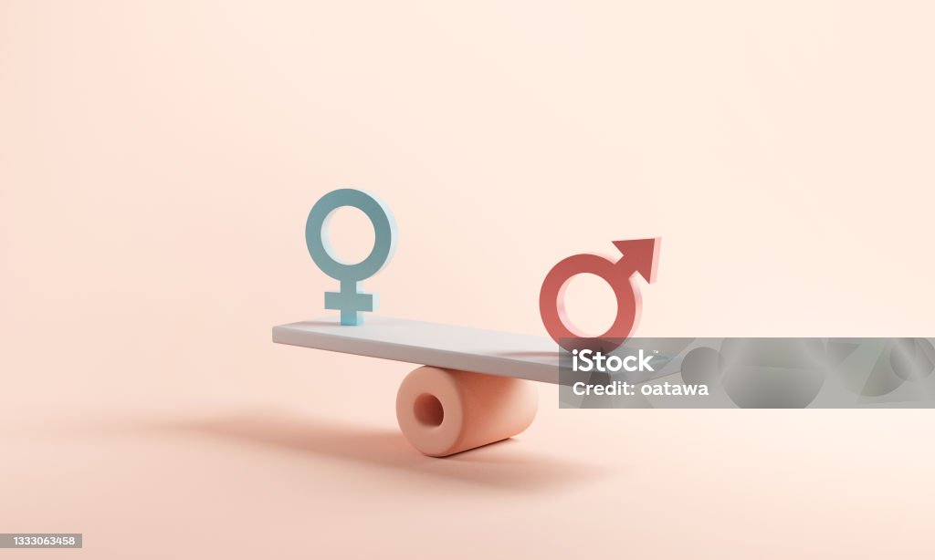 Gender equality concept. Male and female symbol on the scales with balance on blue background. minimal style. Gender equality concept. Male and female symbol on the scales with balance on blue background. minimal style, 3d render. Gender Equality Stock Photo