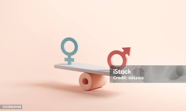 Gender Equality Concept Male And Female Symbol On The Scales With Balance On Blue Background Minimal Style Stock Photo - Download Image Now