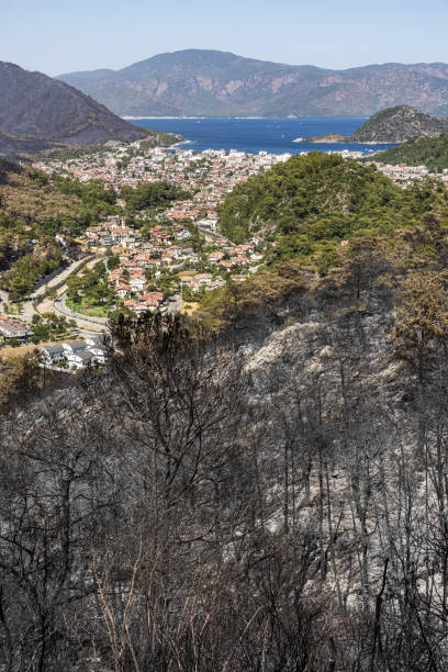 general view of marmaris resort - icmeler and forest fire - icemeler imagens e fotografias de stock