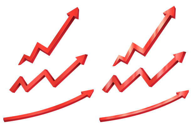 ilustrações de stock, clip art, desenhos animados e ícones de set of red arrow. 3d up financial graph isolated on white background. vector illustration. - stock market graph chart arrow sign