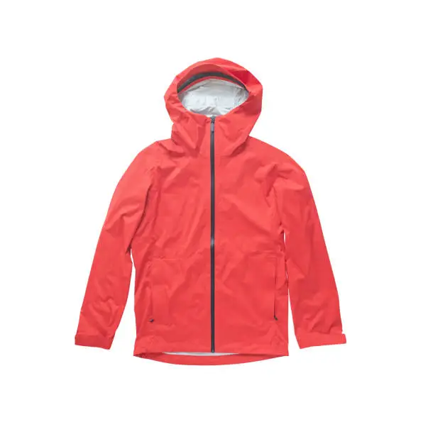 Red membrane windbreaker jacket with hood isolated on white background