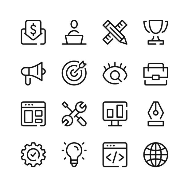 웹 개발 아이콘입니다. 벡터 선 아이콘입니다. 간단한 윤곽선 기호 세트 - iphone computer icon symbol google stock illustrations