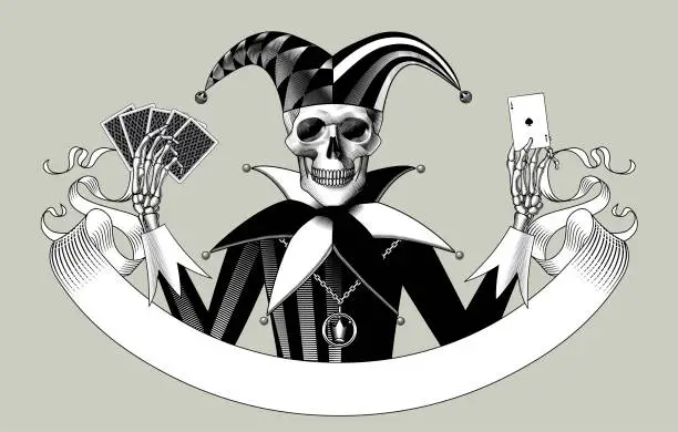 Vector illustration of Engraved human skeleton in a Joker suit with a playing cards in the hands and ribbon banner