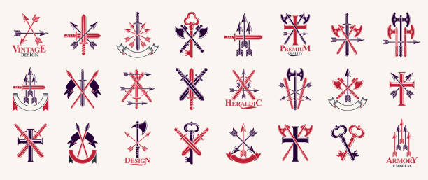 weapon emblems vector emblems big set, heraldic design elements collection, classic style heraldry armory symbols, antique knives armory arsenal compositions. - arsenal stock illustrations