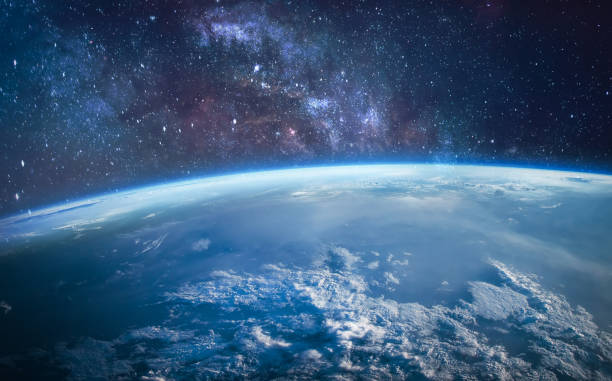 earth planet surface in outer space. stars and milky way on background. sci-fi space wallpaper. elements of this image furnished by nasa - espaço imagens e fotografias de stock