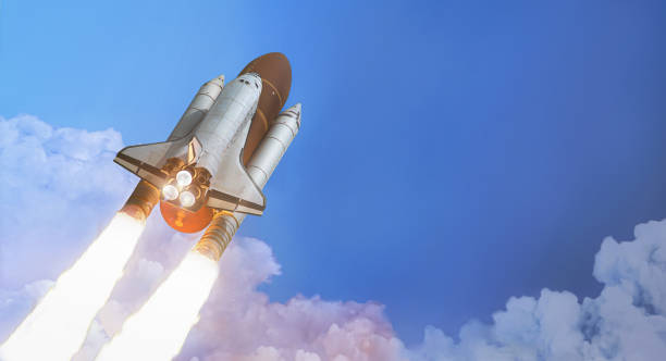 istock Space shuttle fly from Earth planet to space. Expedition in solar system. Elements of this image furnished by NASA 1333071686