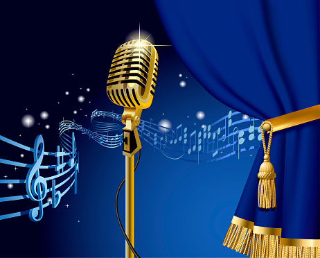 Gold retro microphone on the starry space background with flying Musical notes and blue curtain. Retro music concept design. Vector illustration
