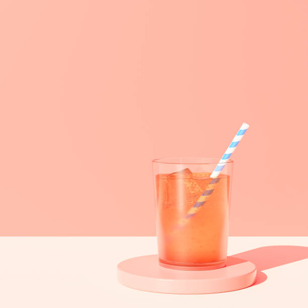 drink in glass with ice and straw on beige background, 3d render - peach juice imagens e fotografias de stock