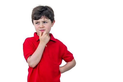 Boy wearing red polo shirt, white background and space for text