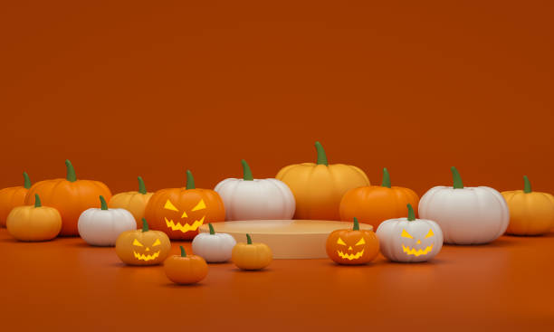 istock Halloween cylinder platform with many pumpkins on a orange studio background. 1333072623