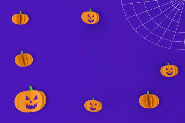 Happy Halloween on purple background with space for text. Cobweb and pumpkins in paper. 3d rendering.