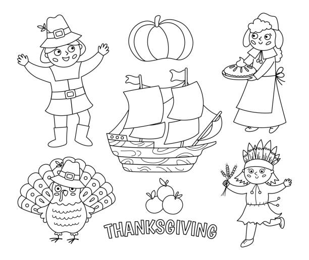 ilustraciones, imágenes clip art, dibujos animados e iconos de stock de juego de personajes en blanco y negro del día de acción de gracias. vector autumn línea iconos colección con peregrinos, indios nativos, barco, pavo, calabaza. lindo esquema de otoño colección de vacaciones o página para colorear - autumn collection