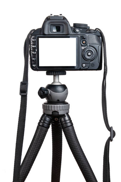 istock Modern DSLR camera on tripod isolated on white background 1333072880