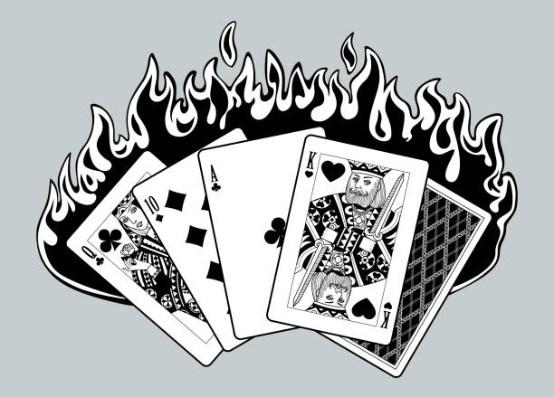 Black and white drawing of burning playing cards Black and white drawing of burning playing cards. Vector illustration poker card tattoos stock illustrations