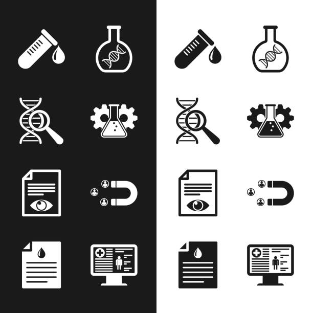 setzen sie bioengineering, dna-forschung, suche, reagenzglas mit bluttropfen, papierseitenauge und kundenanziehsymbol. vektor - medical research healthy lifestyle paper healthcare and medicine stock-grafiken, -clipart, -cartoons und -symbole