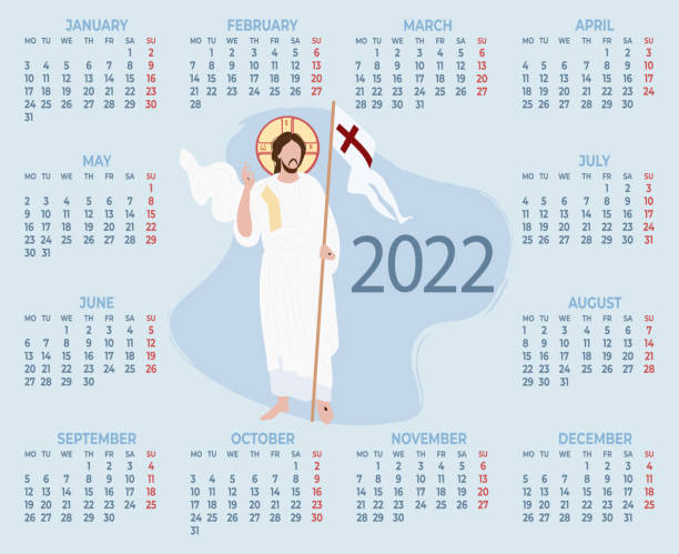 2022. roczny kalendarz religijny z jezusem chrystusem zbawicielem na niebieskim tle. ilustracja wektorowa. szablon poziomy na 12 miesięcy w języku angielskim. tydzień zaczyna się w poniedziałek - rio de janeiro christ the redeemer jesus christ vector stock illustrations