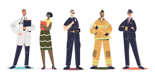 Vector illustration of Workers in professional uniforms: pilot, firefighter, policeman cop, teacher and doctor