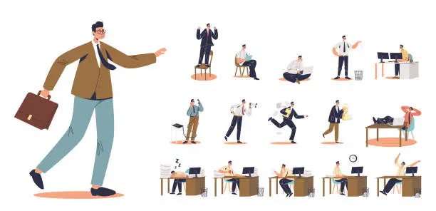 Vector illustration of Set of cartoon man office worker hold briefcase walking in different lifestyle situations and poses