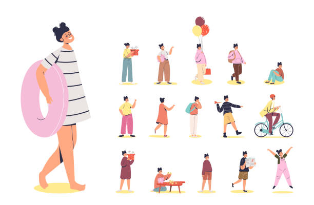 Set of cartoon young or little girl holding swimming ring in different lifestyle situations and poses Set of cartoon young or little girl holding swimming ring in different lifestyle situations and poses: riding bicycle, broken piggy bank and holding present gift box. Flat vector illustration walking beach women sadness stock illustrations