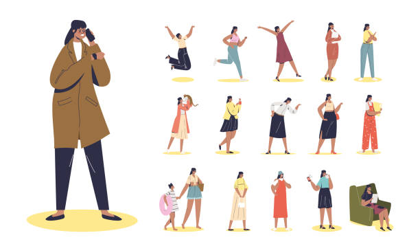 Set of cartoon angry girl speak on mobile phone call talking in different situations and poses Set of cartoon angry girl speak on mobile phone call talking aggressive and stressed in different lifestyle situations and poses: at home, play with cat, walk with daughter. Flat vector illustration walking beach women sadness stock illustrations