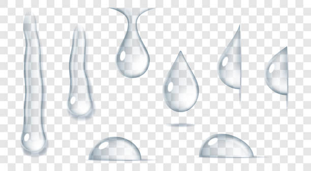 透明な淡水ドロップ、雨の現実的な純粋な液滴。透明に液体泡のセット - drop water rain splashing点のイラスト素材／クリップアート素材／マンガ素材／アイコン素材