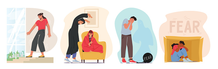 Set of Characters with Fear Mental Problems Agoraphobia, Introversion Disorder, Depression or Schizophrenia. Neurological and Emotional Psychological Sickness. Cartoon People Vector Illustration