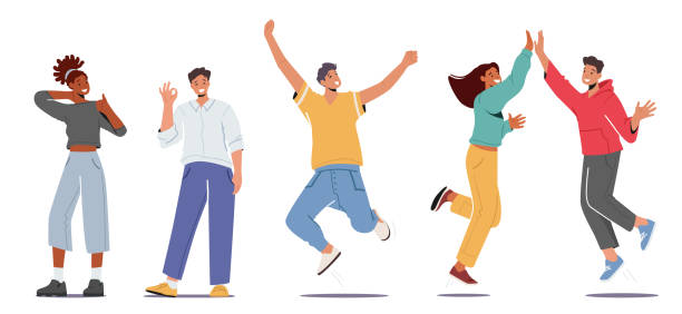 ilustrações de stock, clip art, desenhos animados e ícones de set of people feeling positive emotions, giving highfive, show ok gesture, jumping with raised arms and showing thumb up - entusiástico