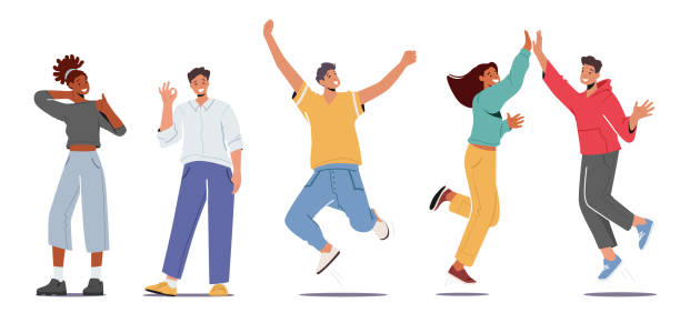 множество людей, испытывающих положительные эмоции, дающих highfive, показывающих нормальный жест, прыгающих с поднятыми руками и показывающи� - прыгать stock illustrations